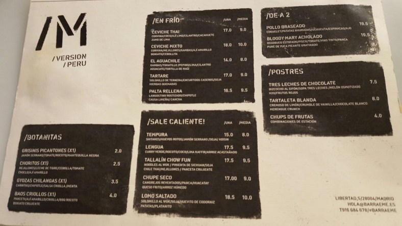 Carta con influencias mejicanas y japonesas (cocina nikkei)